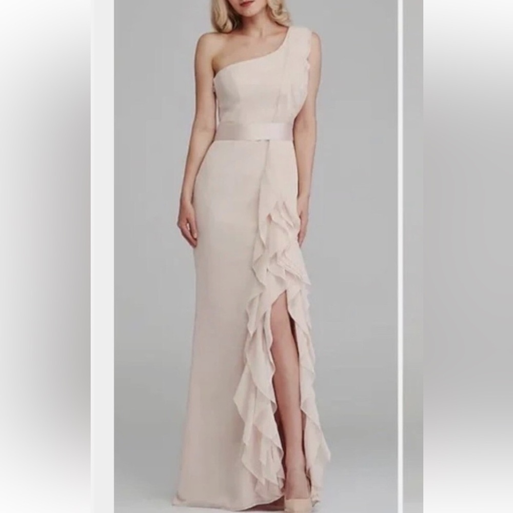 White by Vera Wang Black One Shoulder Ruffles Long Gown Front Slit Satin S6 F50